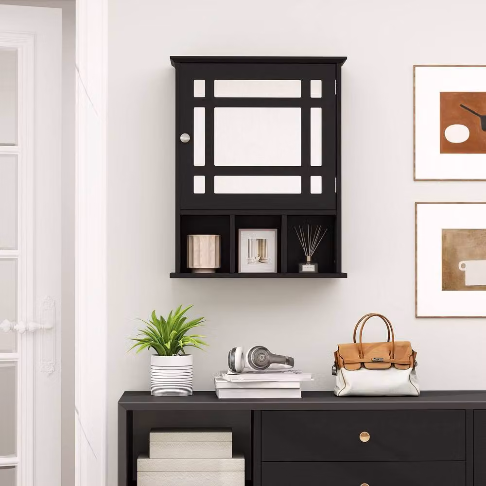 Gymax Wall-Mounted Black Bathroom Storage Cabinet with Mirror Doors and Internal Shelves – 7