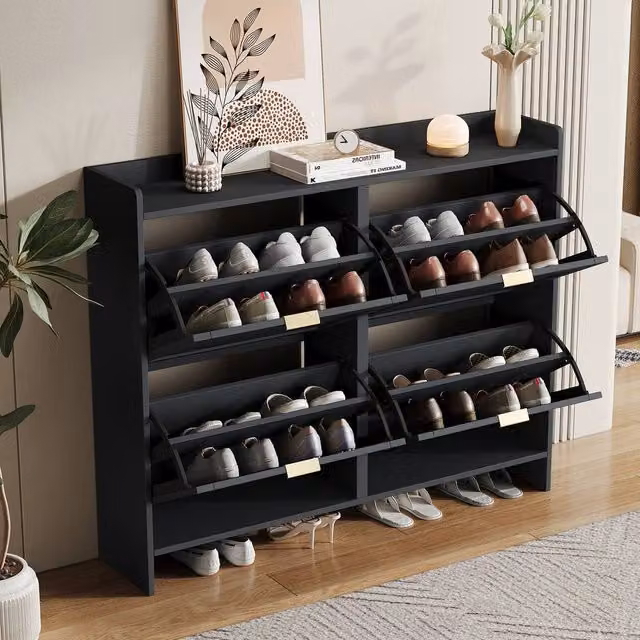 Rolipo Black Modern Freestanding Shoe Cabinet with 4 Tilting Compartments and Internal Shelves – 1