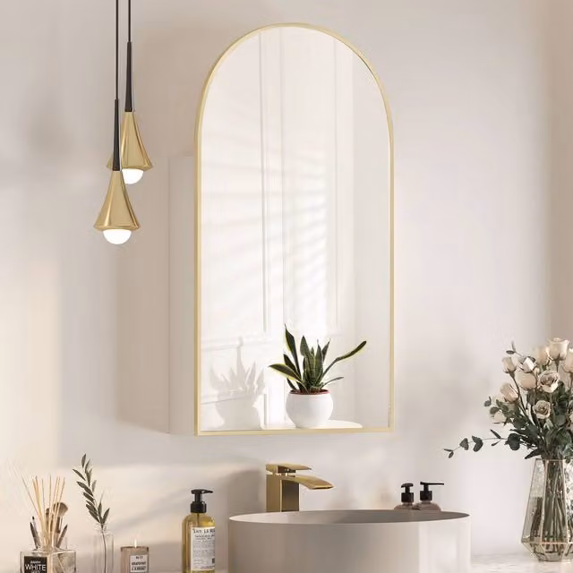 KEEPREAPER Brushed Gold Arched Bathroom Mirror Cabinet with Hinged Glass Doors and Internal Shelves, Wall Mounted