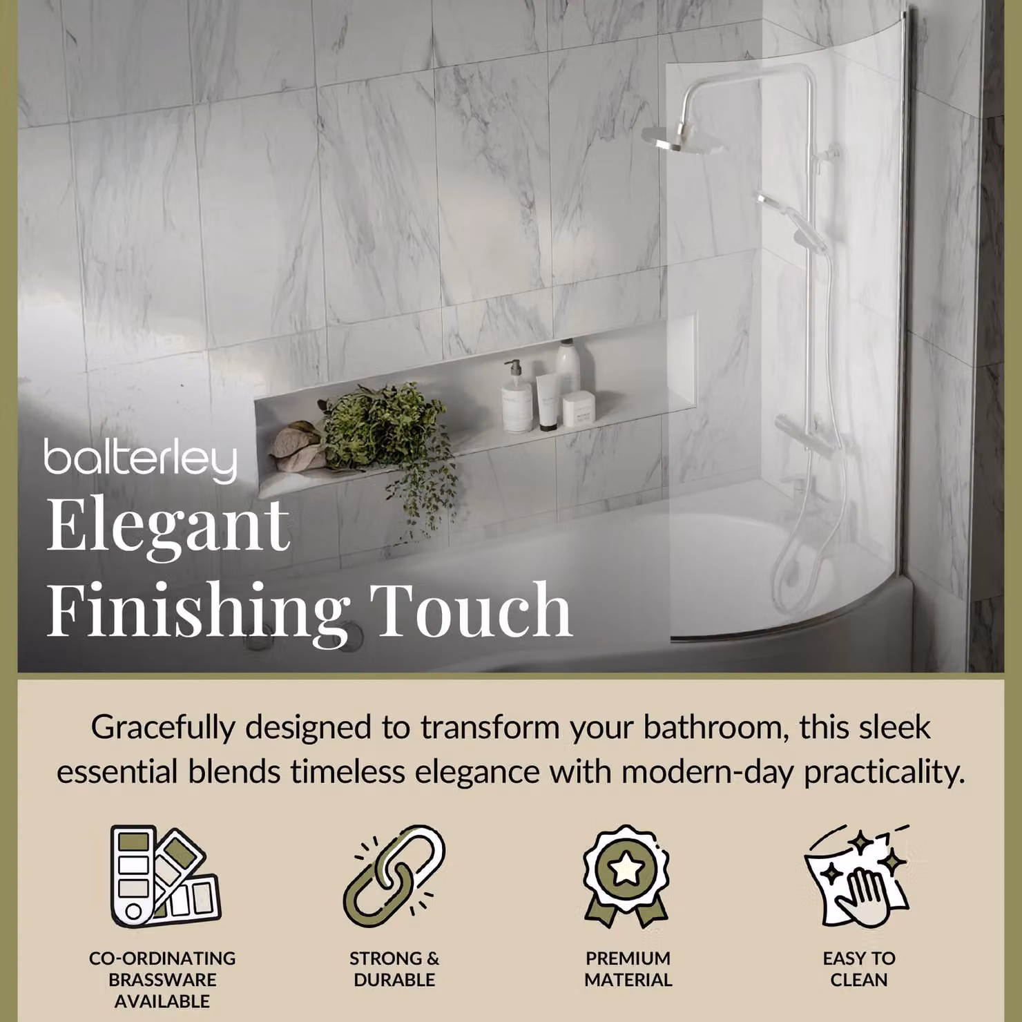 Balterley Reversible Chrome Curved P Shaped Asymmetric Shower Bath Screen, Silver, W: 1400 mm, H: 720 mm – 2