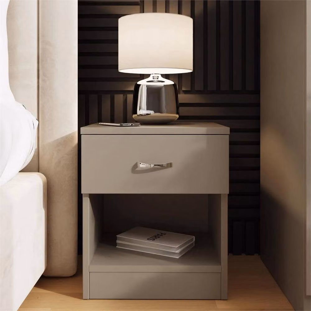Nordara Set of 2 Putty Bedside Tables in Grey with Chrome Handles, Open Shelf and Deep Drawer – 3