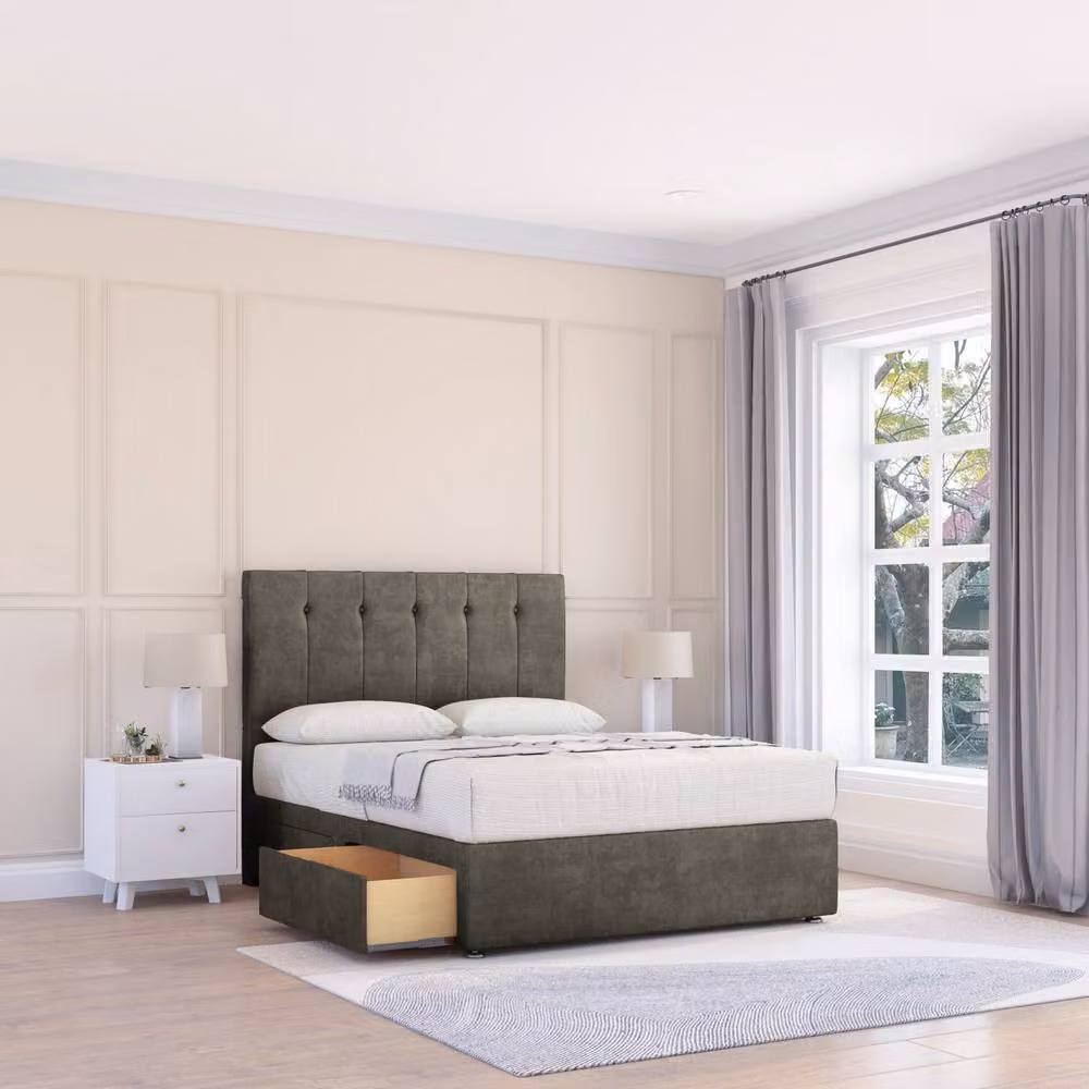 Sloomy Cambridge Dumfries Small Single Divan Bed Base with 2 Drawers, 54 inch Headboard and 12 inch Footboard in Dark Grey Velvet Fabric – 2