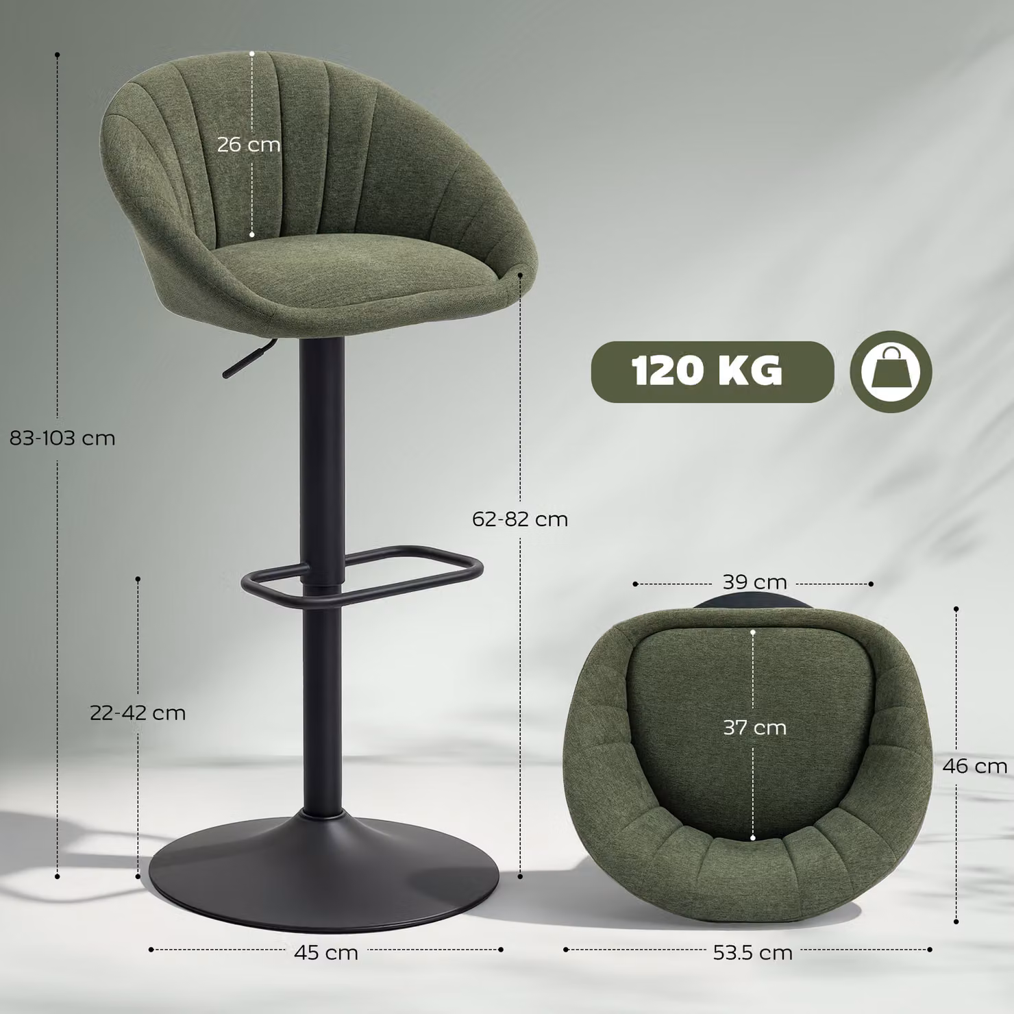 HOMCOM Set of Two Modern 360 Degree Swivel Tub Bar Stools in Green Fabric with Metal Legs – 3