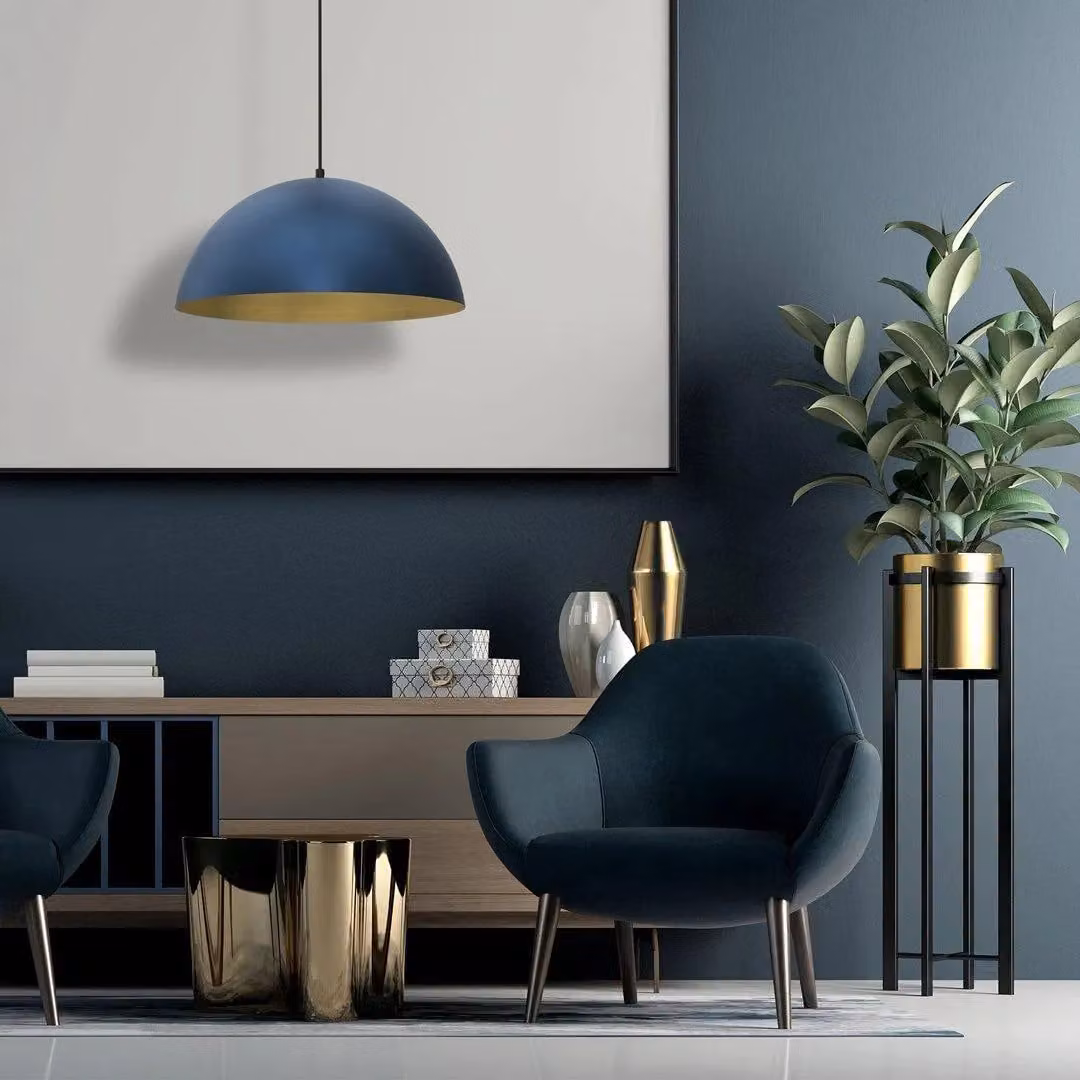 Milagro Beta Hand Made Pendant Lamp in Matt Mid Navy Blue with Gold Interior, Height Adjustable, 45 cm – 3