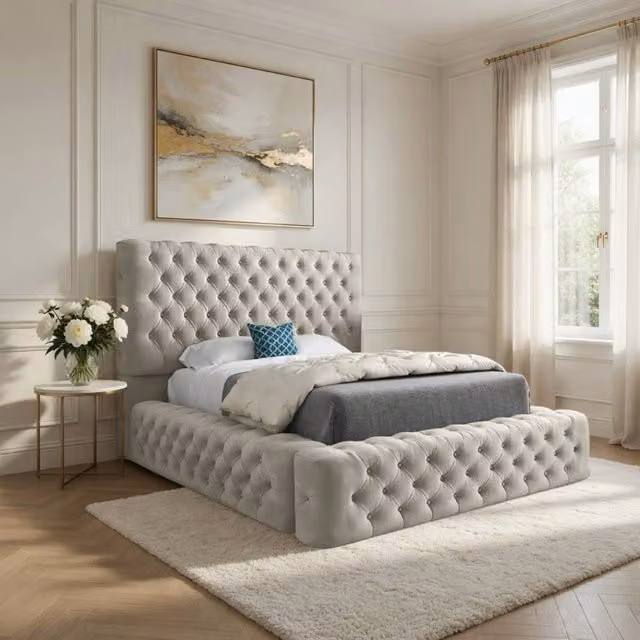 Casani Woolmer Upholstered Chesterfield Bed Frame in Beige, W/D/H: 120 x 200 x 137 cm – 1