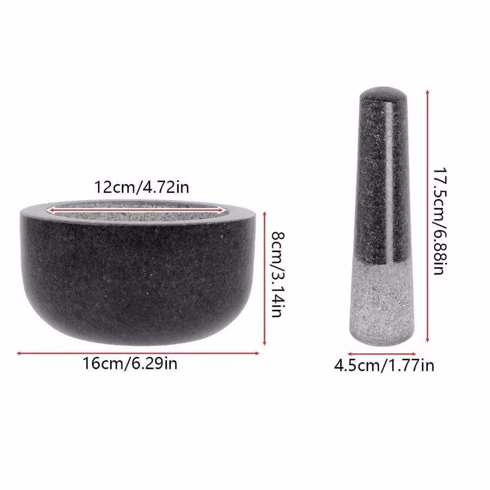 PAWNORA Black Natural Granite Round Mortar and Pestle, 16 cm – 2