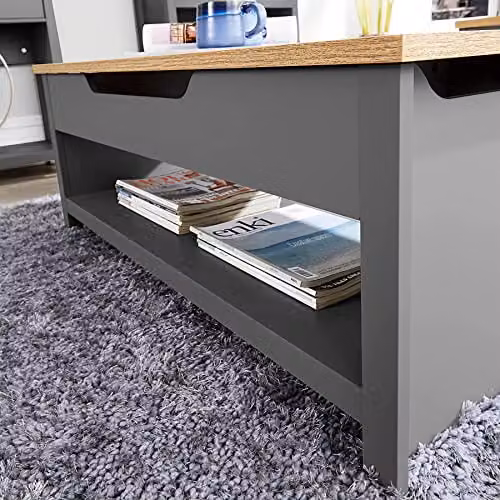 Home Source Avon Lift Up Coffee Table with Storage Shelf, Oak Top, Dark Grey, W: 105 cm x D: 47 cm x H: 40 cm – 4