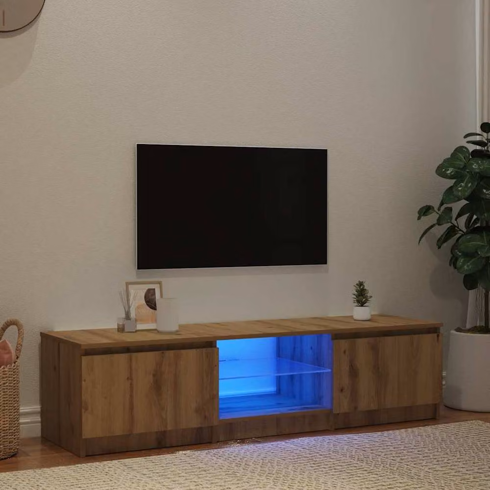 Berkfield Home Modern TV Cabinet with LED Lights in Artisan Oak Brown, W: 140 cm, D: 40 cm, H: 35.5 cm – 3