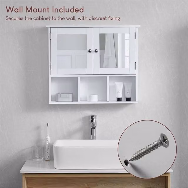 FORGEVIO White 2 Door Mirrored Wall Cabinet with 3 Compartments