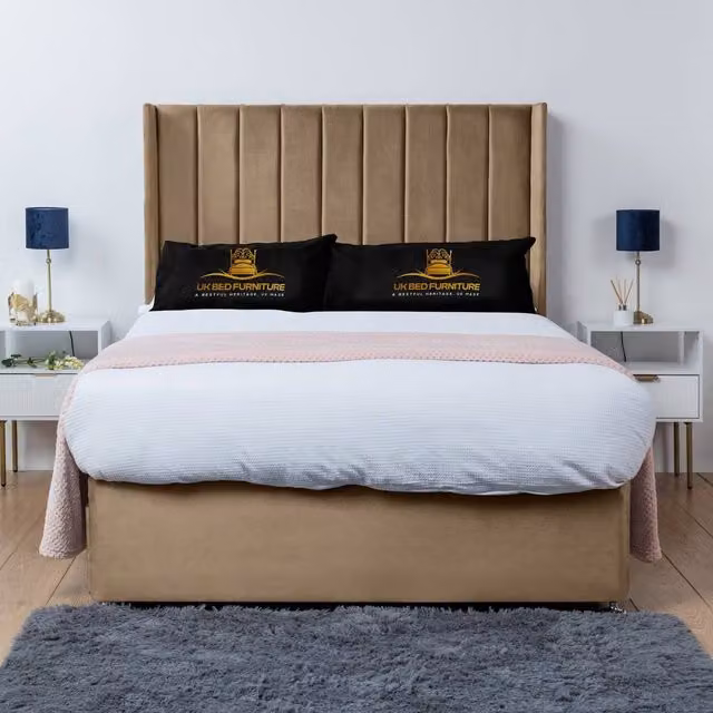 UK Bed Furniture Bella Wingback Divan Bed Base with 54 Inch Headboard in Beige, Double, W/D/H: 140 x 200 cm
