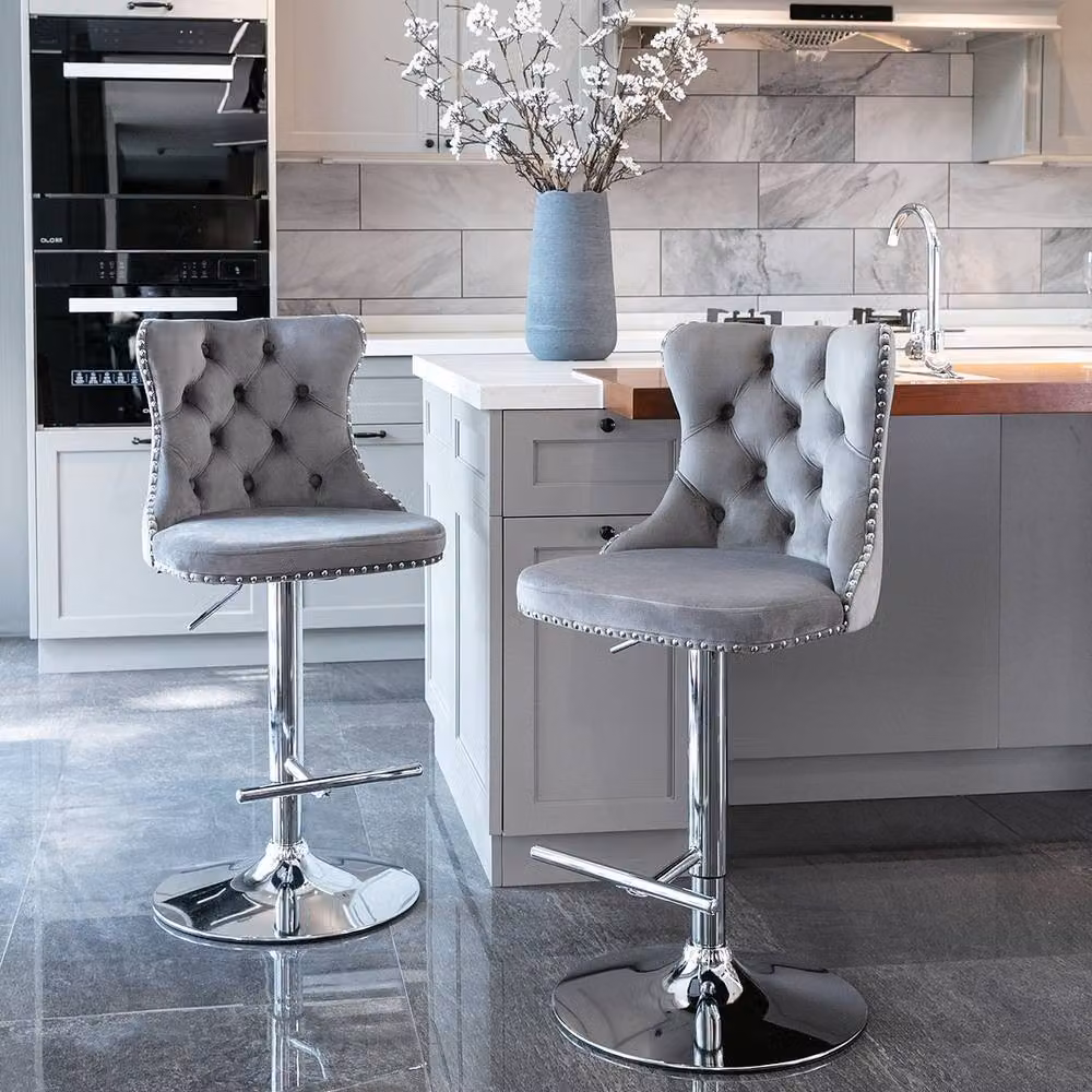 Modern Home Touch Set of 6 Luxury Velvet Adjustable Swivel Bar Stools with Metal Base in Grey – 3