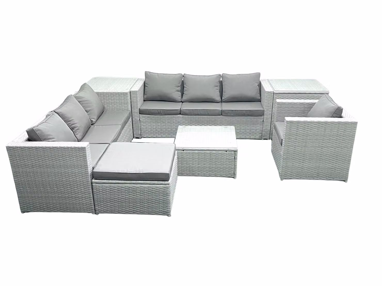 Fimous Wicker PE Rattan Garden Furniture Set in Light Grey with Armchair, Square Coffee Table, Large Footstool and 2 Side Tables – 2