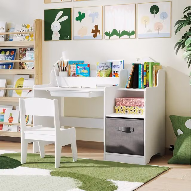 Costway Modern White Student Drawing and Writing Desk Set with Matching Office Chair for Children