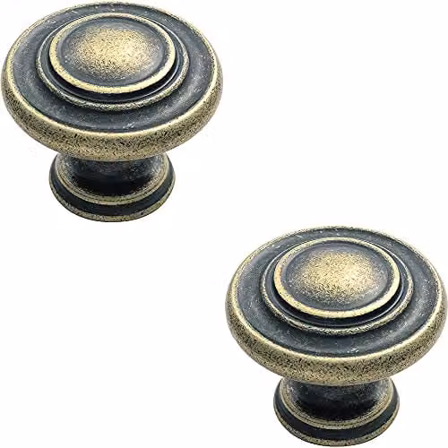 Loops 2 Pack Round Ringed Pattern Door Knobs in Antique Brass, Diameter: 32 mm – 1