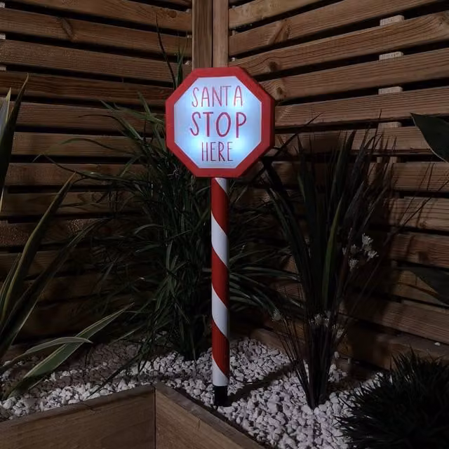 Samuel Alexander Red Santa Stop Here LED Christmas Sign with Ground Spike, 55 cm
