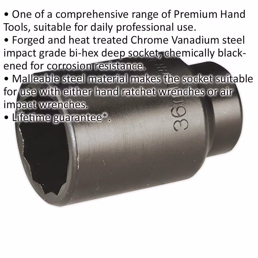 Loops 36mm Bi-Hex Deep Impact Socket with 1/2 Inch Square Drive in Chrome Vanadium Steel – 2