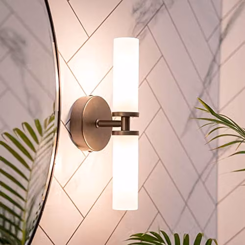 ValueLights MiniSun Modern Up and Down 2 Way IP44 Bathroom Wall Light with Frosted Reeded Glass and LED Bulbs in Black – 3
