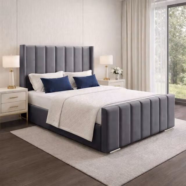 Desire Deco Modern Plush Velvet Upholstered Wingback Panel Bed Frame, Grey, W: 180 cm, D: 200 cm