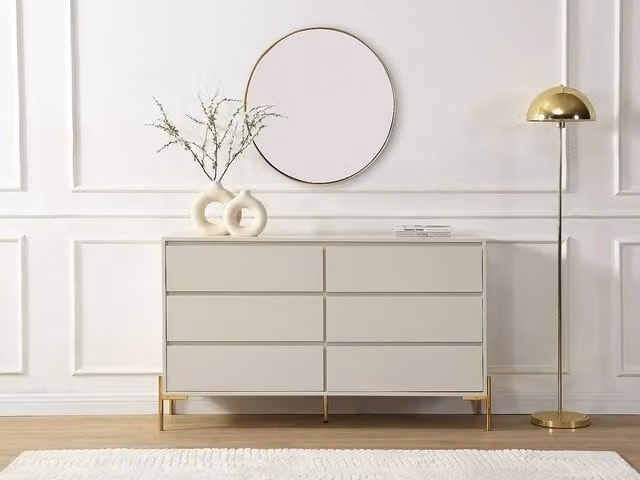 KORASA 6-Drawer Chest of Drawers in Beige and Gold MDF and Metal