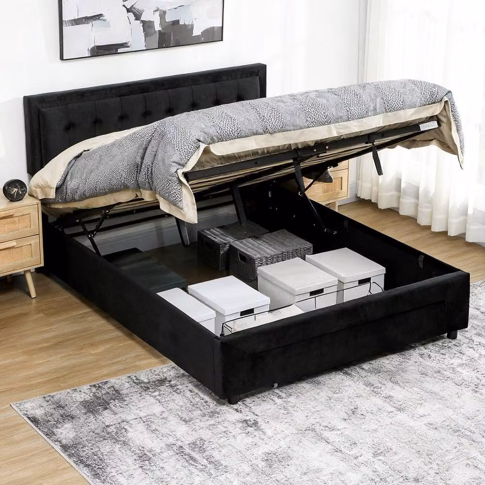 STILVORA Modern Upholstered Velvet Ottoman Bed Frame with Lift Up Base in Black, W/D/H: 180 x 200 x 157.5 cm – 4