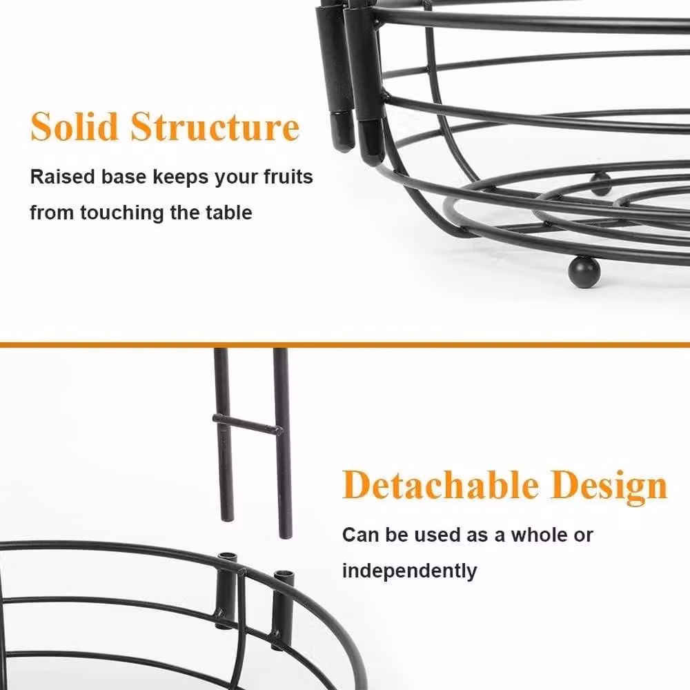 Havendro Black 2-Tier Metal Fruit Basket with Banana Hanger – 3