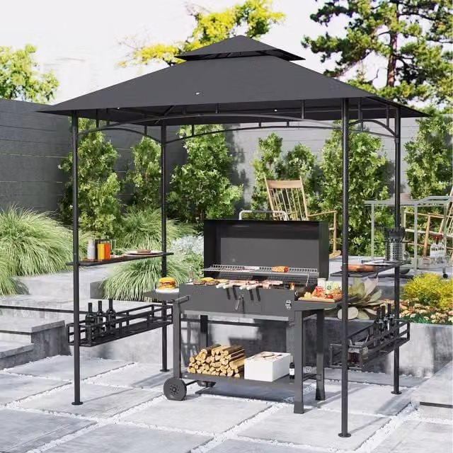 Outsunny Grill Gazebo Canopy with 2 Side Shelves and Hook in Dark Grey