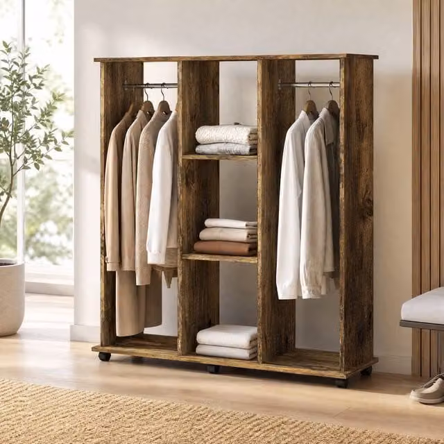 STILVORA Open Wardrobe with Shelves and Wheels in Rustic Brown