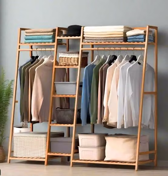 Modcraft Double Clothes Rail with Central Shelves, Freestanding Open Wardrobe in Natural
