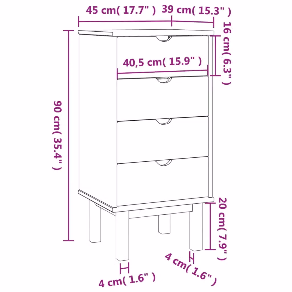 Berkfield Home OTTA Drawer Cabinet in Brown and Grey, Solid Pine Wood, W/D/H: 45 x 39 x 90 cm – 3