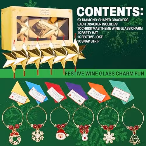 KreativeKraft Luxury Christmas Crackers and Wine Glass Charms Set, 6 Pack, Gold Star and Multicolour – 5
