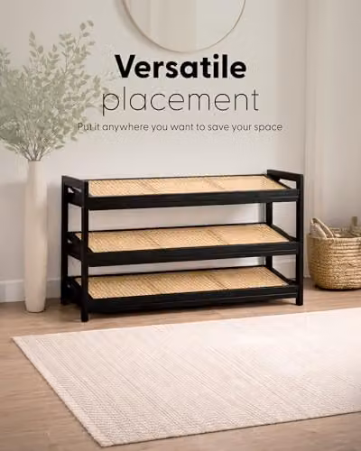 Keplin 3-Tier Bamboo and Rattan Shoe Organiser Rack in Black, W: 54 cm, H: 70 cm, D: 29 cm – 11