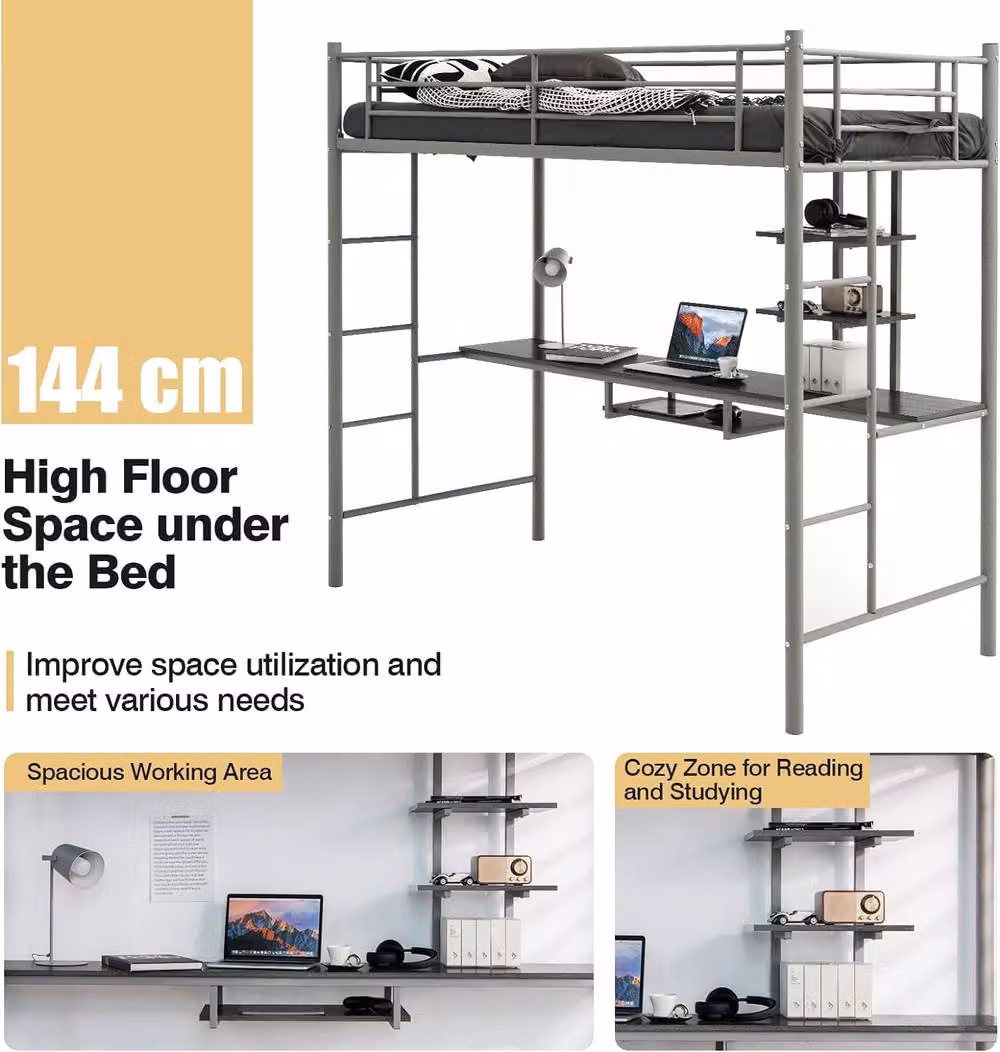 Costway Single Metal Loft Bed Frame High Sleeper with Desk and Storage Shelves, Silver – 3