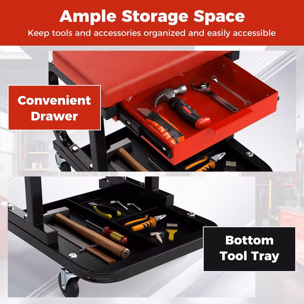 Costway Rolling Workshop Creeper Seat Padded Mechanic Stool with Drawer and Shelf in Red and Multicolour – 8
