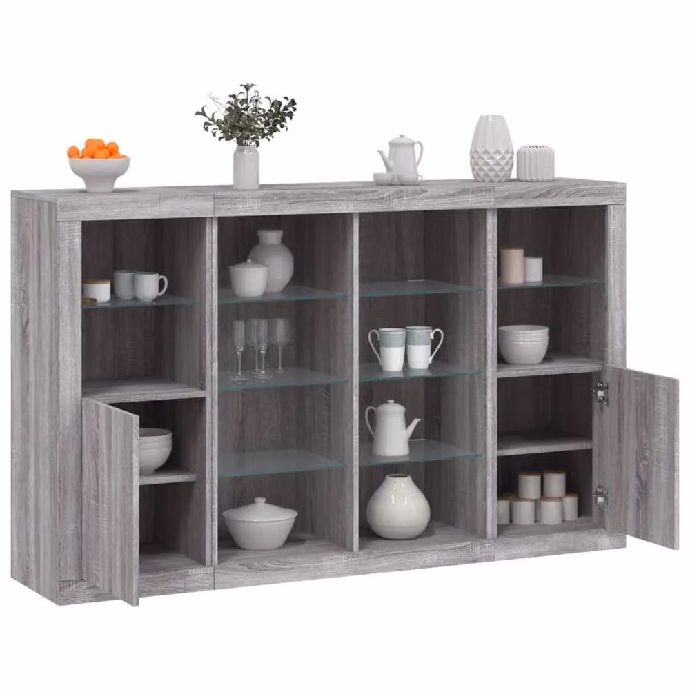 Berkfield Home Set of 3 Modern Grey Sonoma Sideboards with Integrated LED Lighting and Glass Details – 2