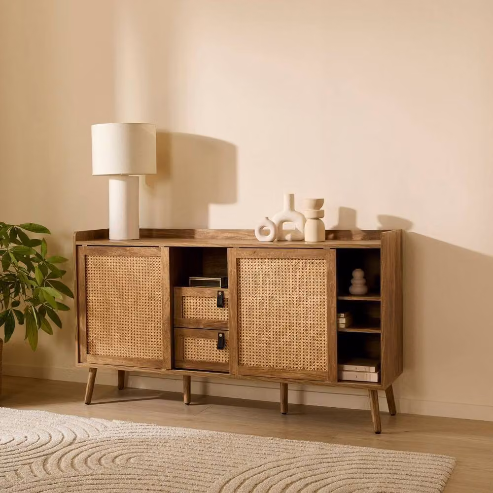 CALICOSY PALMO 2-Door 2-Drawer Sideboard with Rattan Fronts in Light Brown, Width: 140 cm – 2