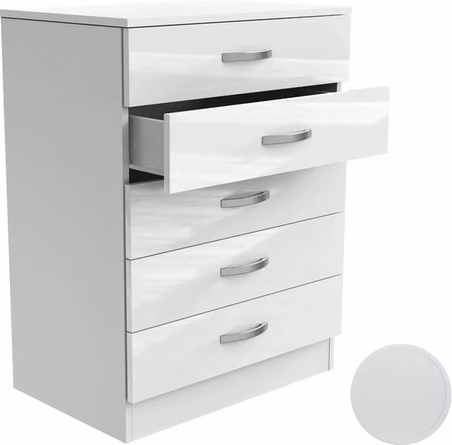 Ventryn High Gloss 5 Drawer Tall Wide Chest of Drawers in White