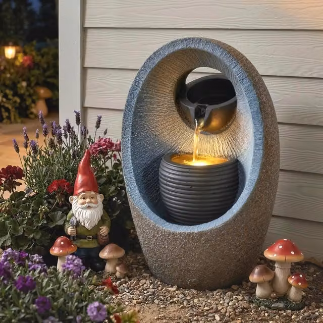 Outsunny Grey 2-Tier Cascade Water Feature with Pump and LED Lights