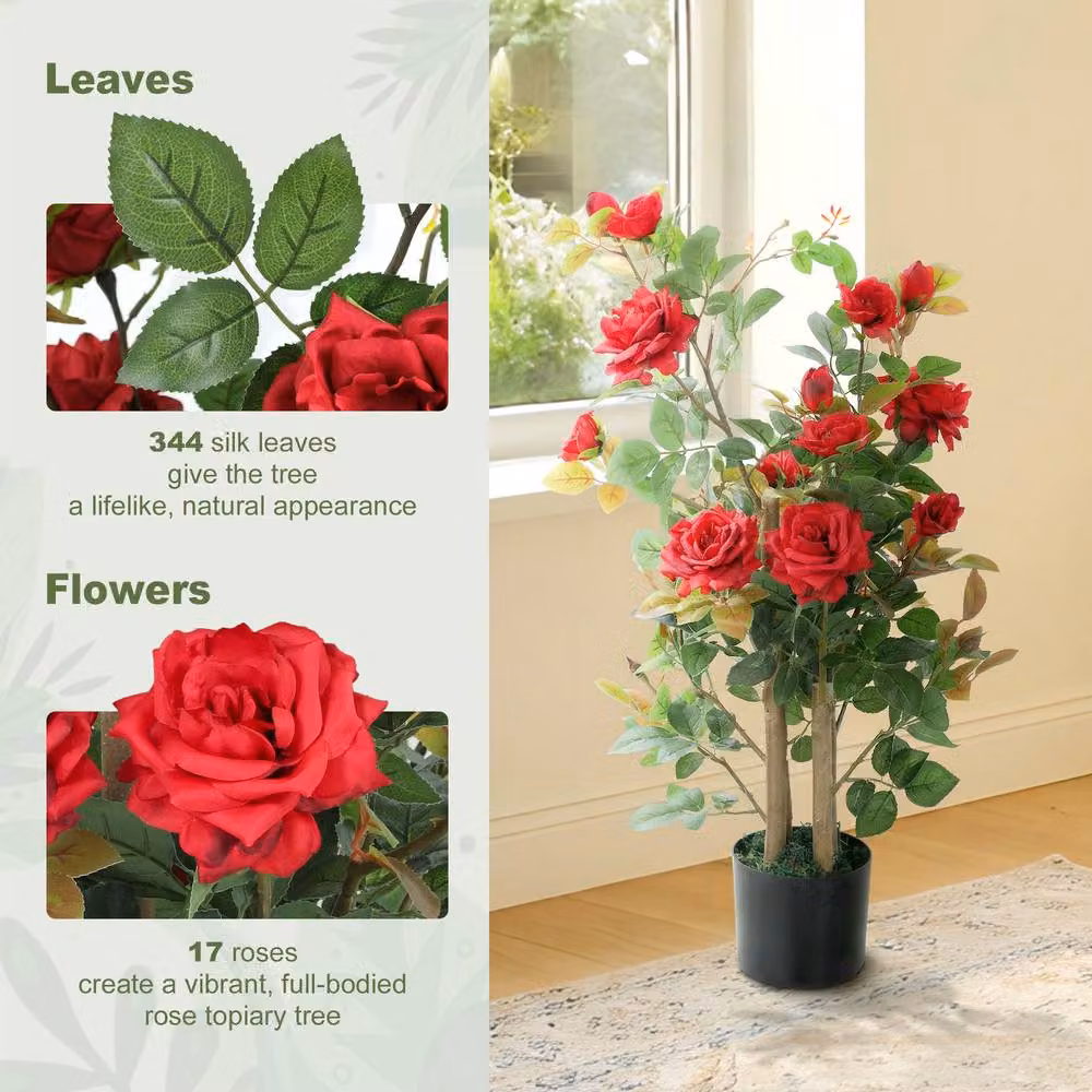 HOMCOM Set of 2 Red Artificial Rose Trees with 344 Silk Leaves and 17 Flowers – 4