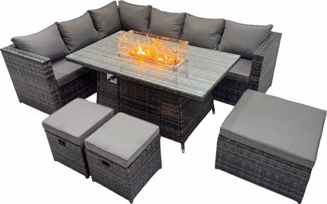 Fimous 9 Seater Rattan Corner Sofa and Gas Firepit Dining Table Set in Dark Grey Mixed