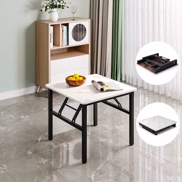 FLAVORA White Marble Glossy Folding Round Dining Table for Kitchen or Garden
