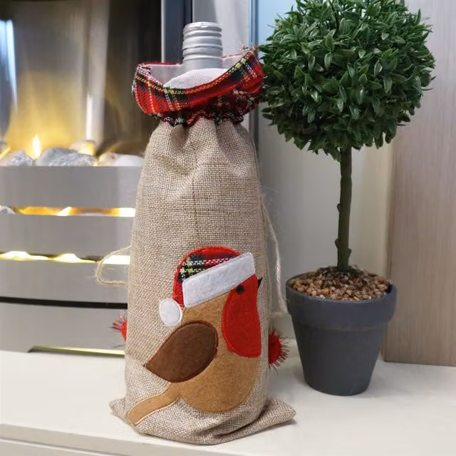 Shatchi Reindeer Printed Burlap Wine Bottle Cover Bag in Brown and Beige – 11