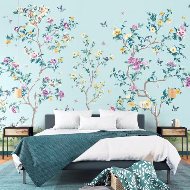 Origin Murals Oriental Flower Tree Wall Mural in Blue