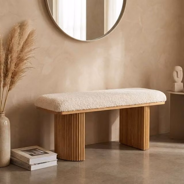 Garden Greatness Boucle Teddy Ribbed Bench in White, W/D/H: 100 x 44 x 38 cm