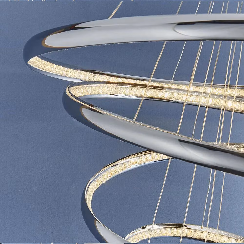 Loops LED Ceiling Pendant Light in Chrome and Crystal with 5 Rings, Warm White, Dimmable and Height Adjustable – 2
