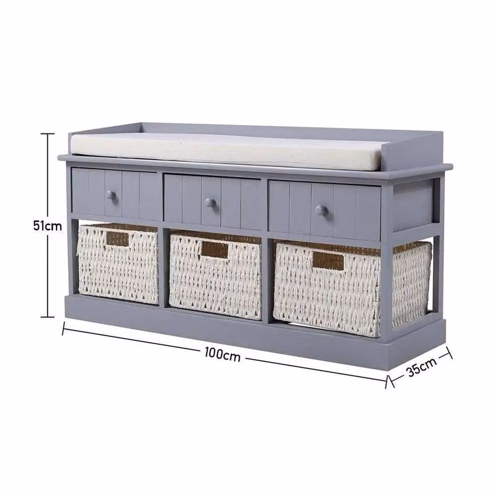 KORVIXA Vintage Storage Window Bench in Grey with 3 Wicker Baskets and 3 Drawers, W/D/H: 100 x 100 cm – 2