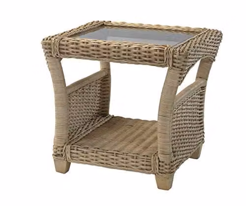 Desser Arlington Wicker Side Table with Glass Top and Storage Shelf in Beige, H57 x W59 x D59 cm