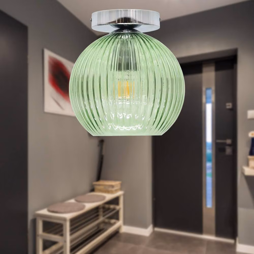 First Choice Lighting Betchley Green Ribbed Glass Globe Chrome Ceiling Light Fitting – 2