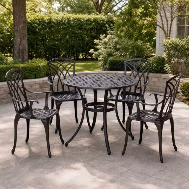STILVORA Garden Dining Set for 4 with Round Powder Coated Aluminium Table and Chairs in Brown and Black