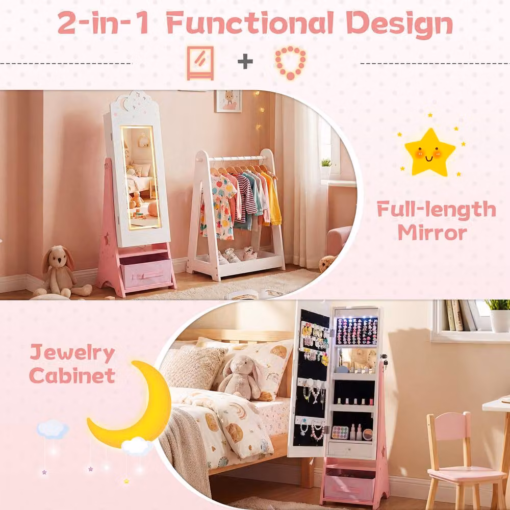 Costway Kids Jewelry Cabinet with LED Lighting and Full-Length Mirror in White – 4