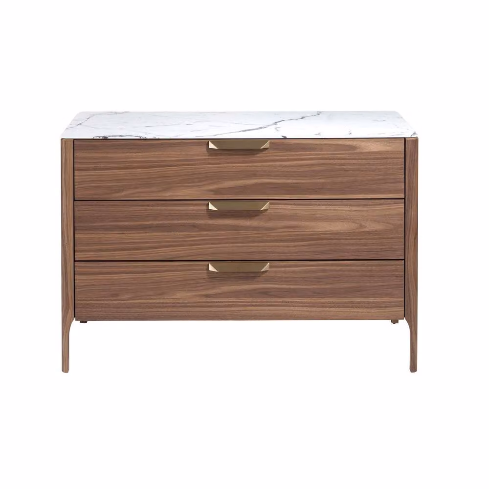 Angel Cerda Modern Walnut-Veneer 3-Drawer Chest with Marble-Effect Glass in Brown, White and Grey, W/D/H: 120 x 45 x 80 cm – 2